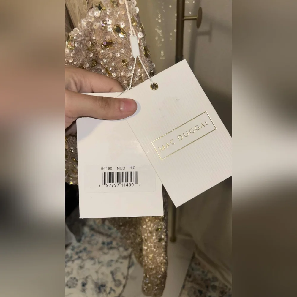 NWT Size 10 Mac Duggal Gold Nude Strapless Sequin Beaded Mini Dress - Picture 6 of 8